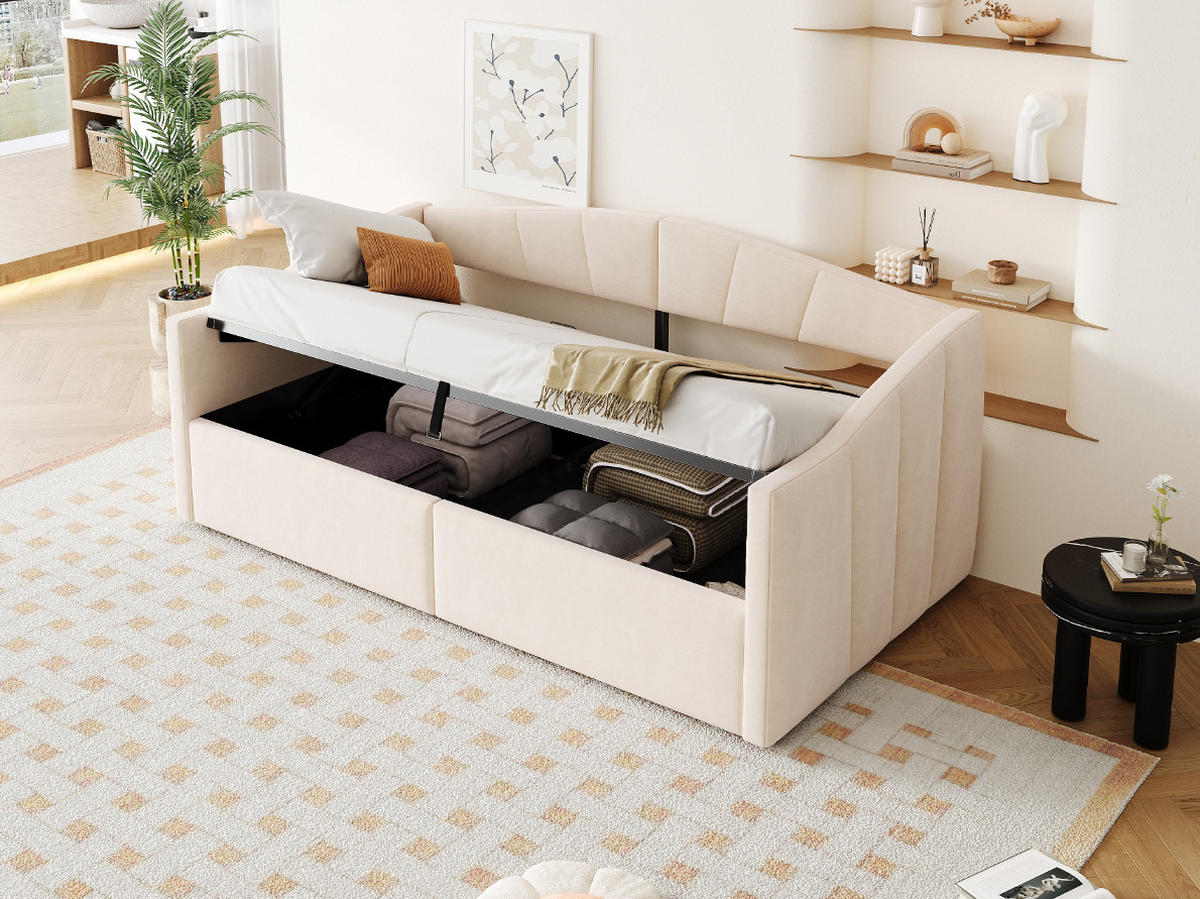 POLSTERBETT 90/200 cm Beige aus Samt mit Stauraum - Beige, Textil (90/200cm) - OKMYHOME