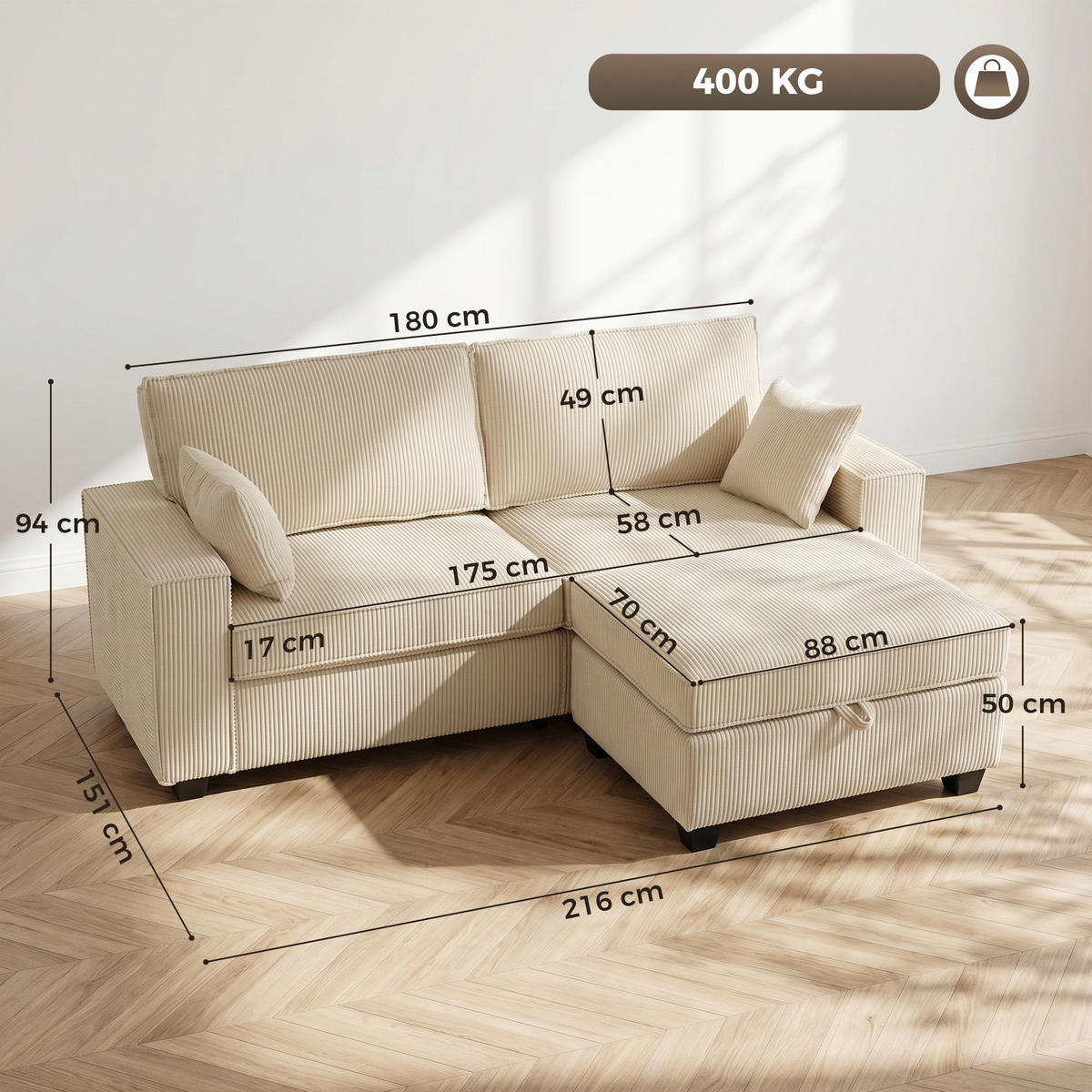 ECKSOFA Cord (100 % Polyester) Beige - Beige, Holzwerkstoff/Kunststoff (151/216cm) - HOMCOM