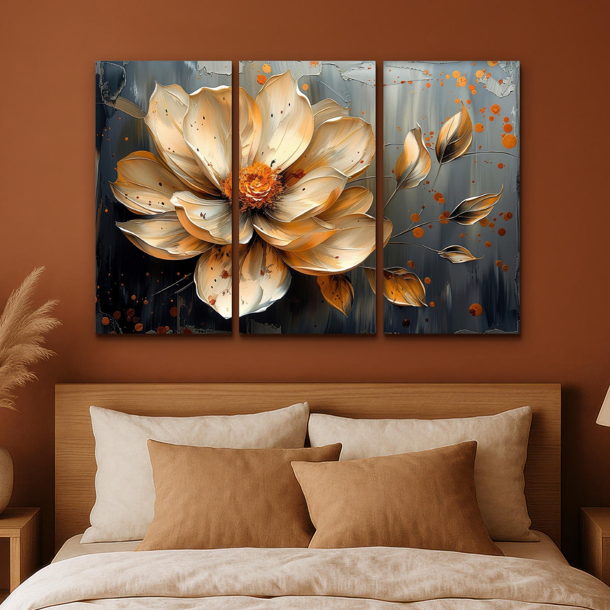 LEINWANDBILD 3er Set Blume - Gold - Abstrakt - Farbe 180x120 cm - Creme, Textil (180/120cm) - MuchoWow