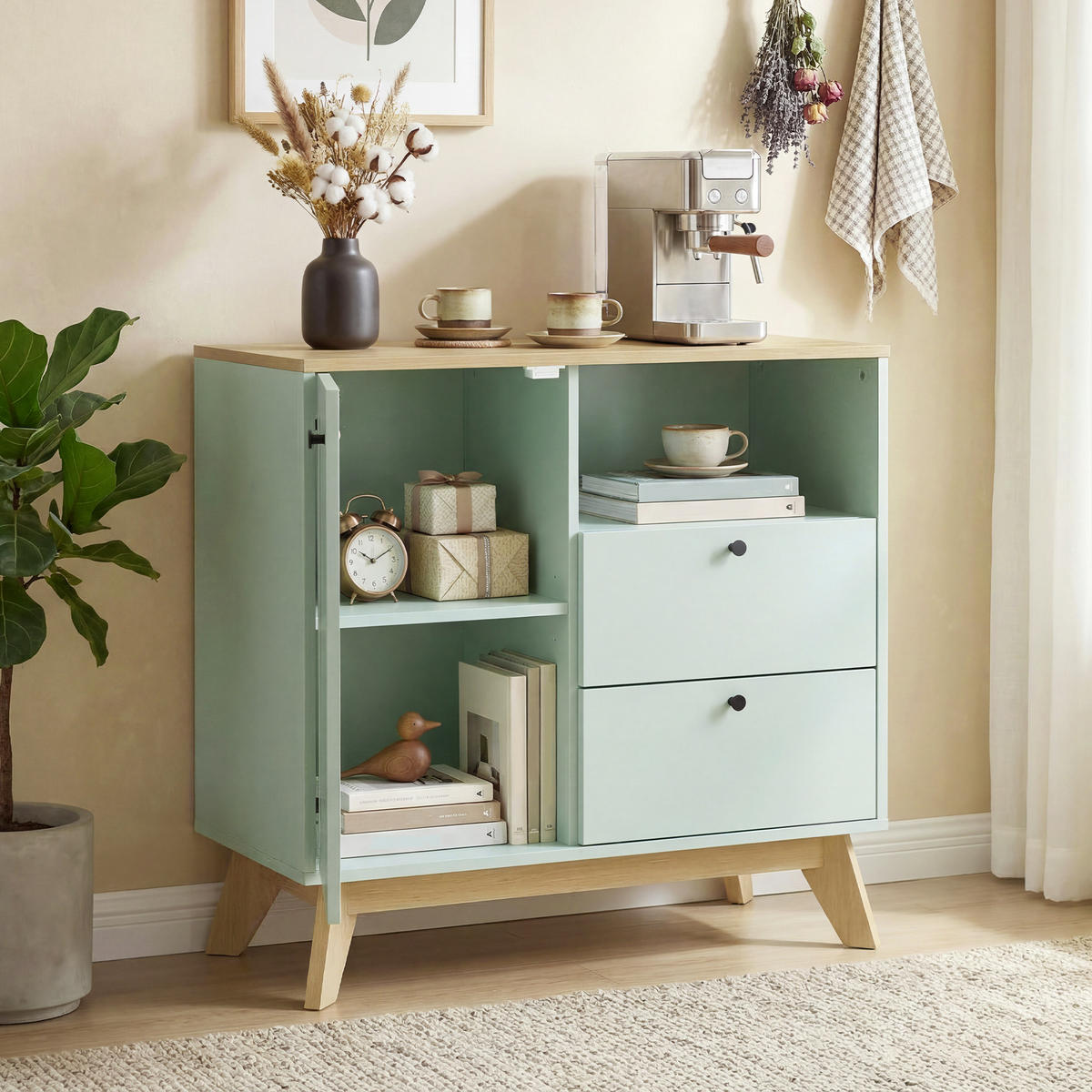 SIDEBOARD Hellgrün und Eiche-Nachbildung, 1 Tür, 2 Schubladen, 80/35/76,3 cm - Hellgrün, Holz (80/76.3/35cm) - PANGIVO