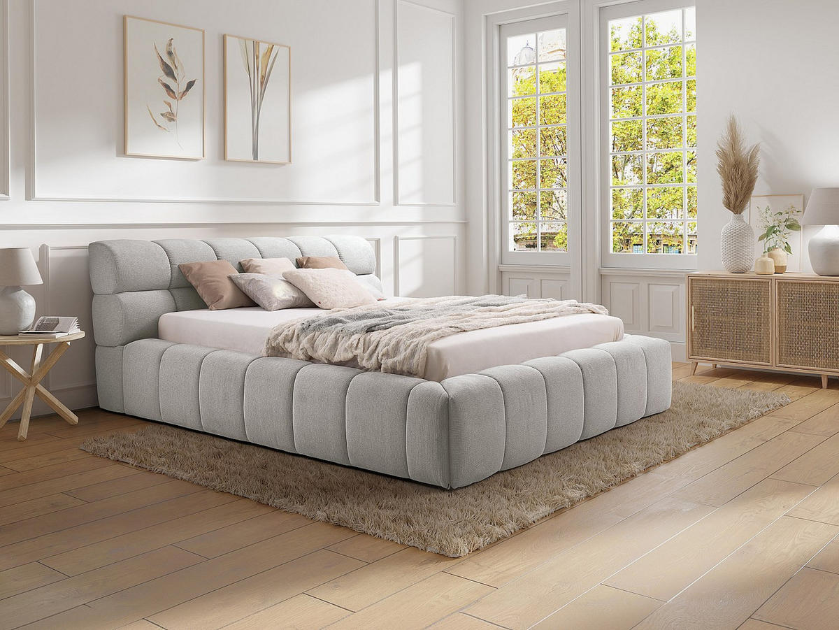 BETT mit Bettkasten - 2 Personen - Stoff - Hellgrau - Hellgrau, Textil (160/200cm) - Vente-Unique