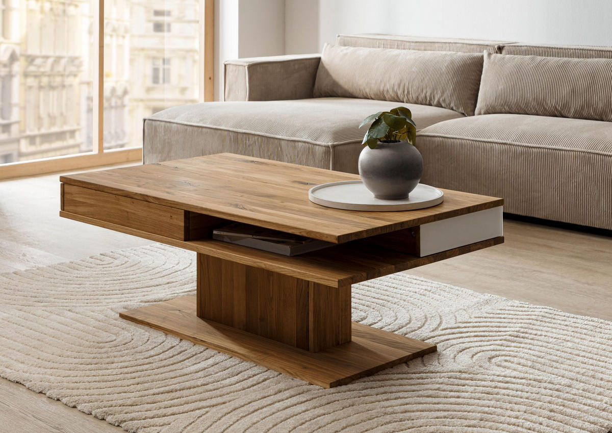 COUCHTISCH Wildeiche 120x70x45 natur geölt / Glas weiß WIEN #101 - Naturfarben, Holz (120/70/45cm) - Massivmoebel24