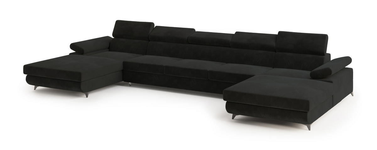 WOHNLANDSCHAFT VIVENTE Schwarz Velours-Stoff mit Schlaffunktion - Schwarz, Holz (410/89/190cm) - MASSENO