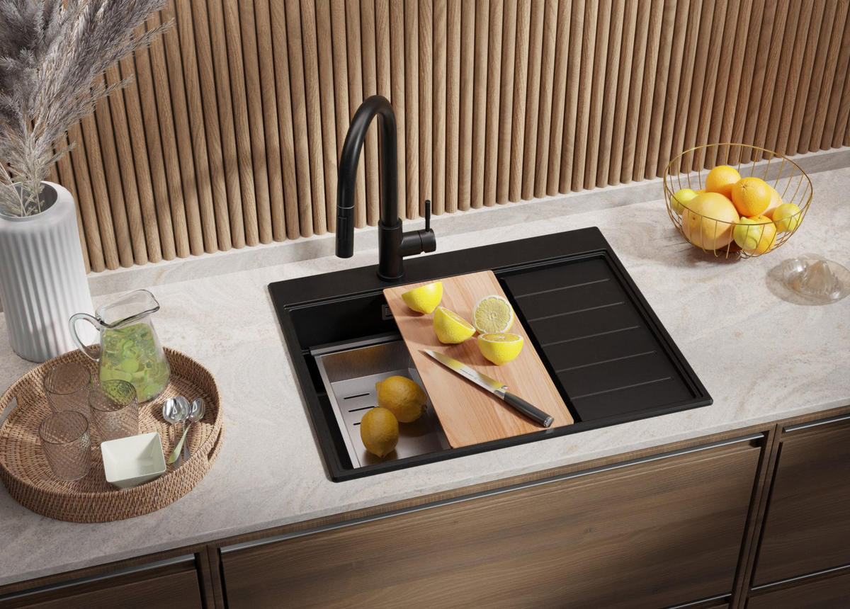 SPÜLBECKEN Sydney, 2-er set Schwarz 62/50 cm 1 Becken + Ablauf-Set + Küchenzubehörset ab 45er Unterschrank - Chromfarben/Beige, Kunststoff (62/20/50cm) - Primagran