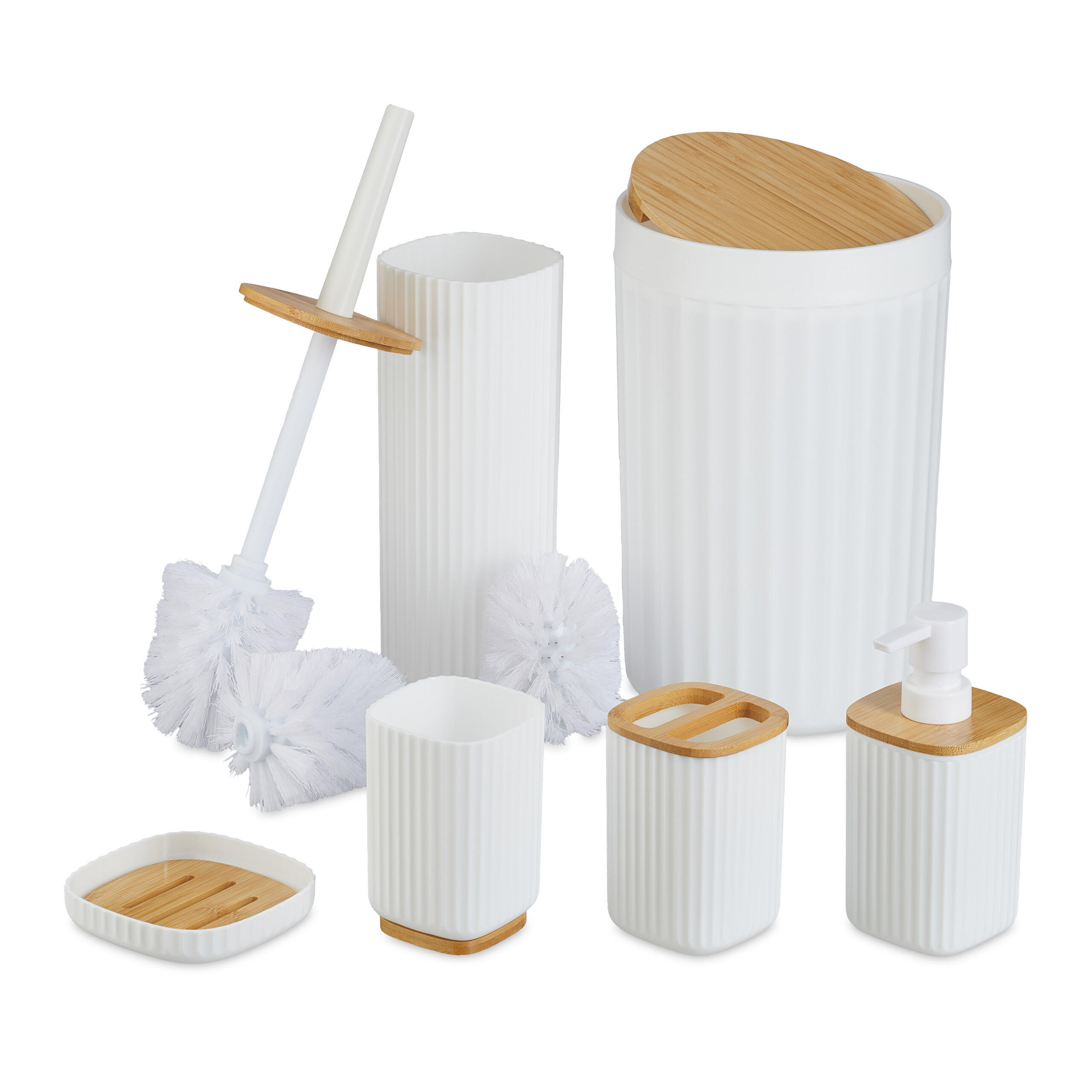 BADEZIMMER-SET 6-tlg. - Weiß, Holz/Kunststoff (18/27/18cm) - Relaxdays
