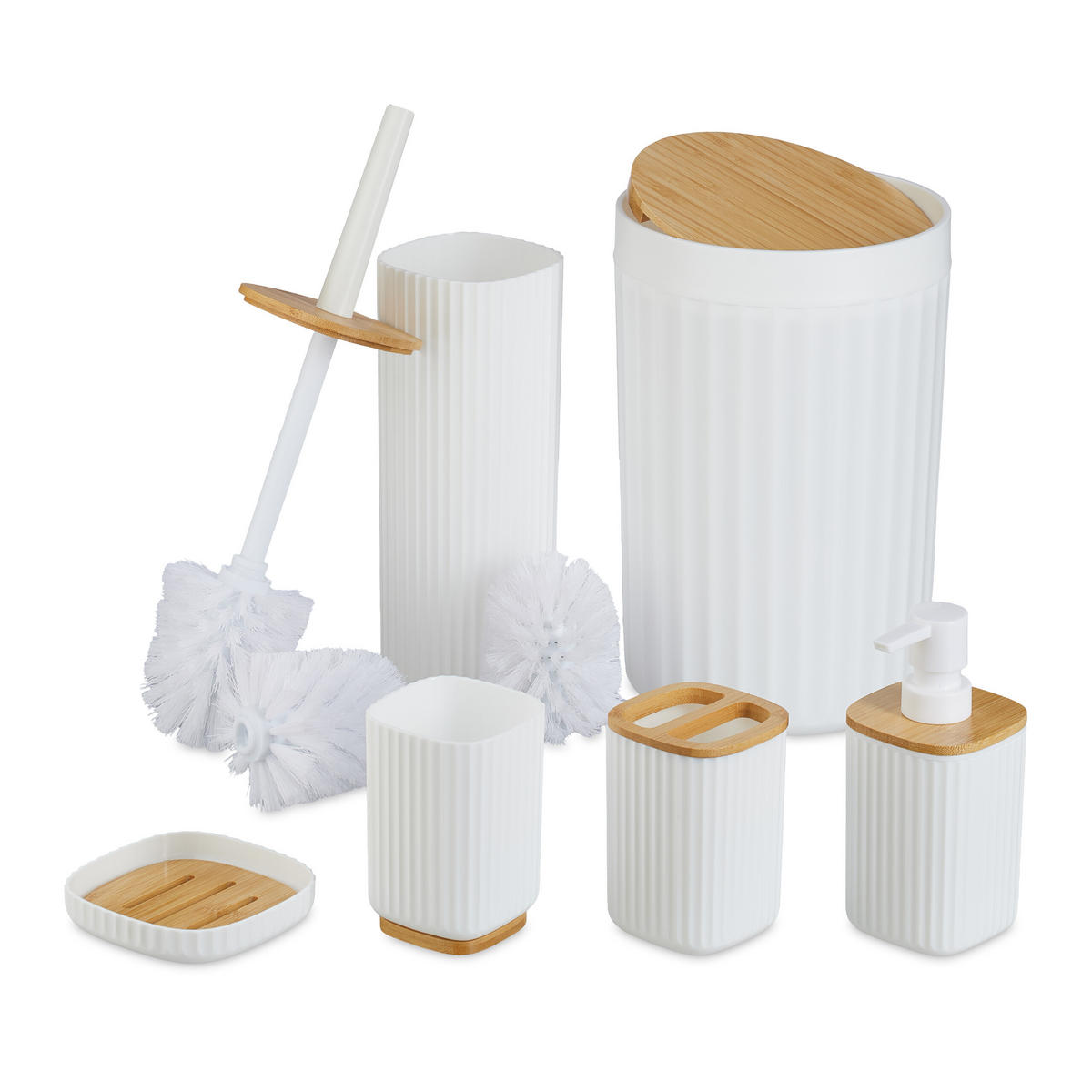 BADEZIMMER-SET 6-tlg. - Weiß, Holz/Kunststoff (18/27/18cm) - Relaxdays