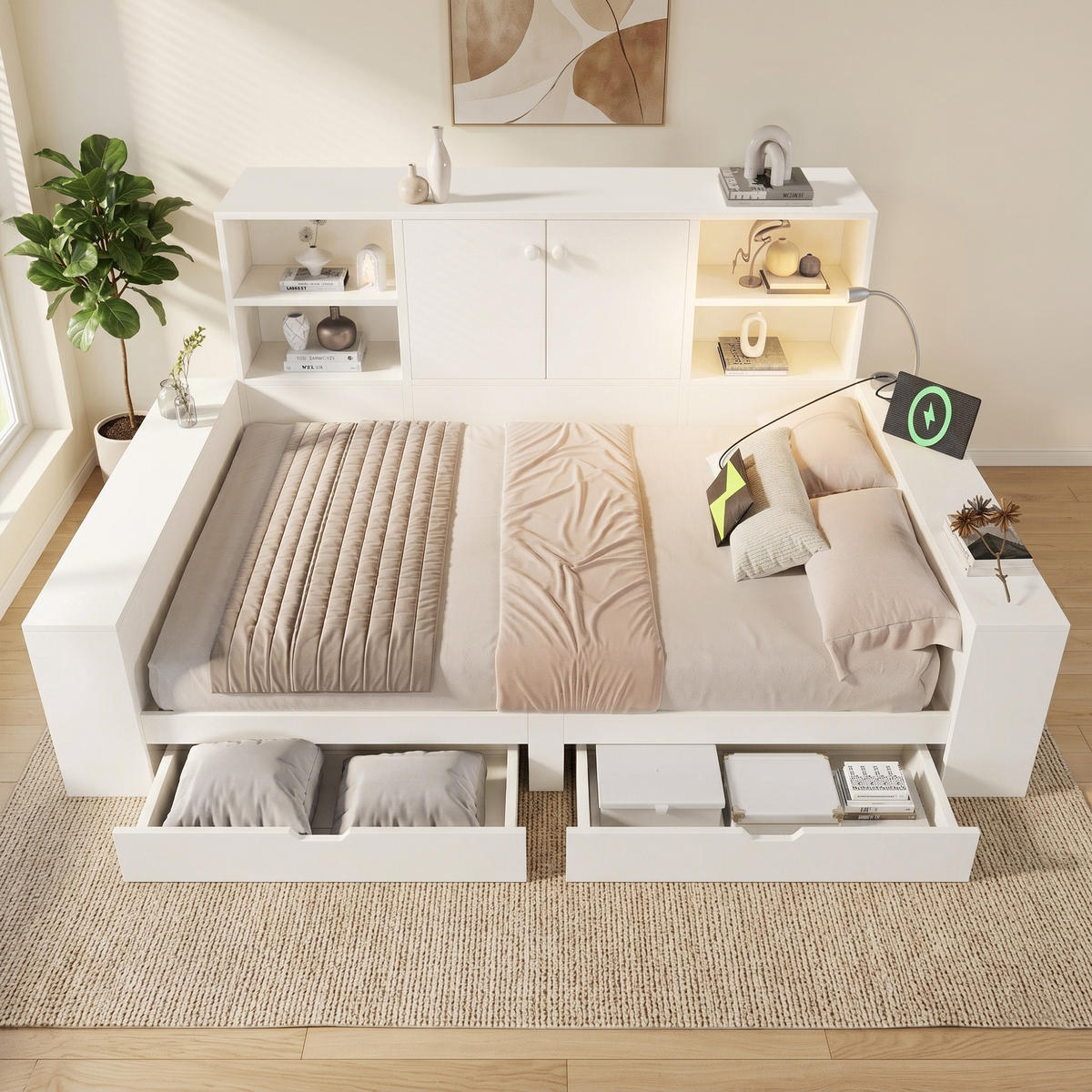BETT 140/200 cm in Weiß mit 2 Schubladen, Stauraum, USB, Type-C und Leselampe Holz Design - Weiß, Holzwerkstoff (140/200cm) - STILVORA