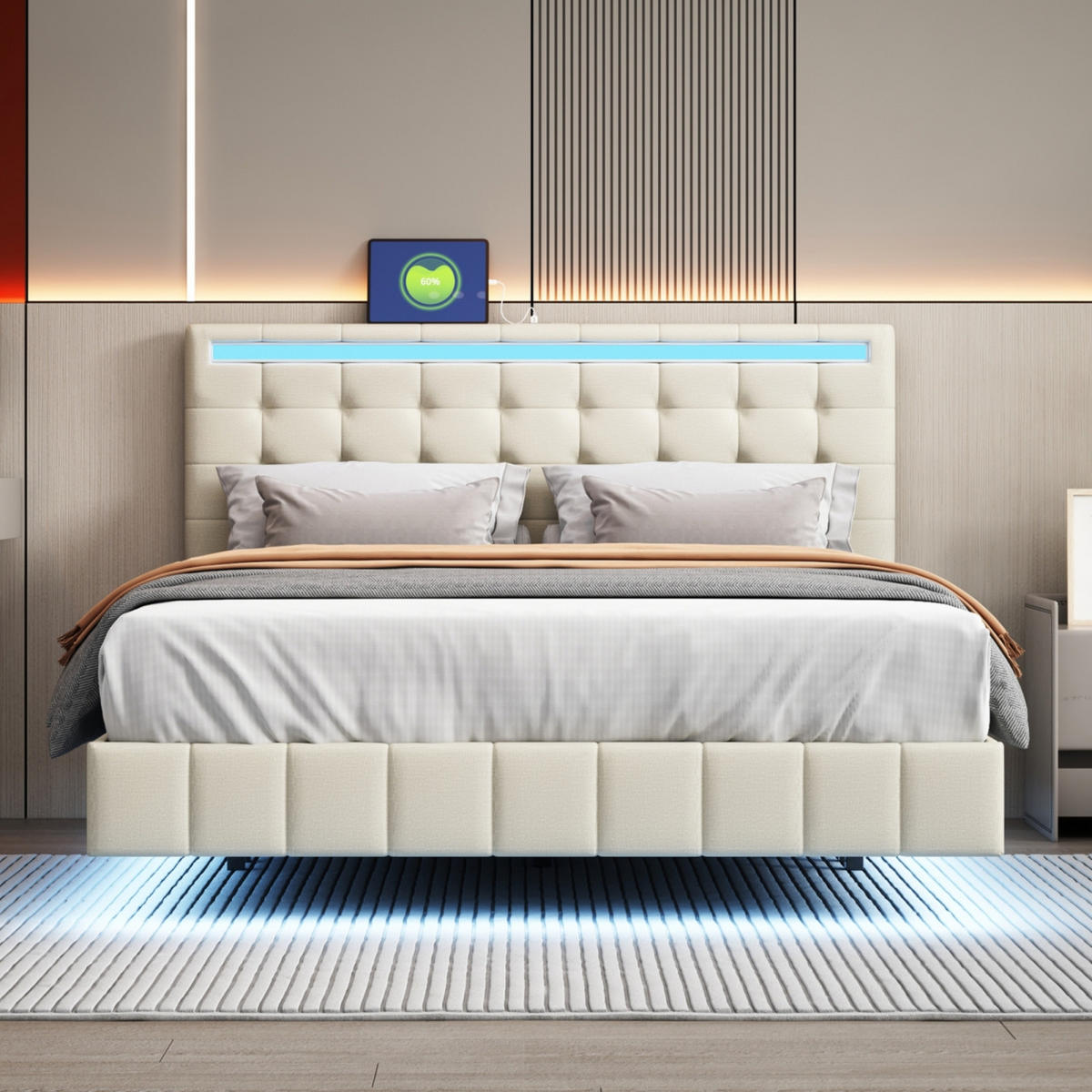 POLSTERBETT 160/200 cm mit LED, Bettgestell mit USB-C Anschluss, Doppelbett mit Polsterkopfteil und Lattenrost, Beige - Beige, Holz/Metall (160/200cm) - Joyfair