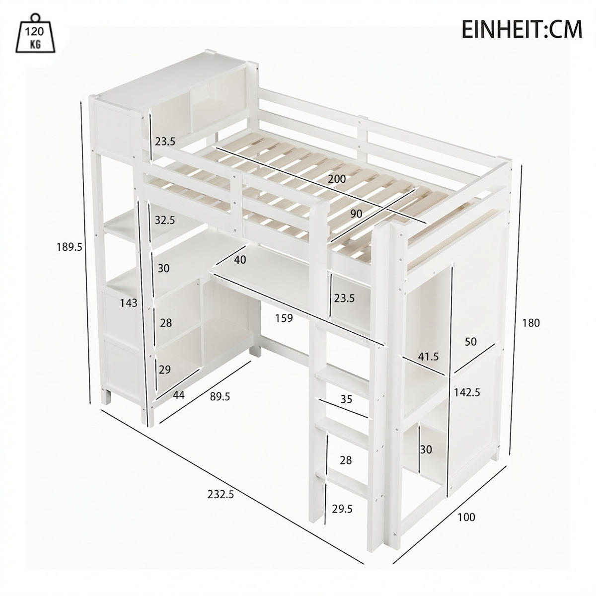 HOCHBETT 90/200 cm Weiß mit mehrere Ablagefächer, Schreibtisch und Kleiderschrank - Weiß, Holz (90/200cm) - Oxeza