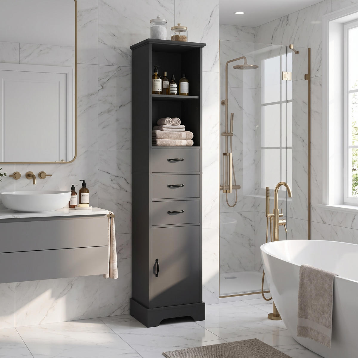 BADEZIMMERSCHRANK Schwarz Hochschrank mit 3 Schubladen, Tür & verstellbaren Böden - Schwarz, Holzwerkstoff (38/172.5/26cm) - Urban Meuble