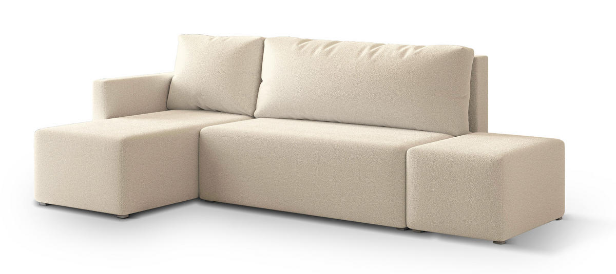 ECKSOFA VELOTTI L-S Creme Boucle-Stoff mit Schlaffunktion - Creme, Holz (261/143cm) - MASSENO