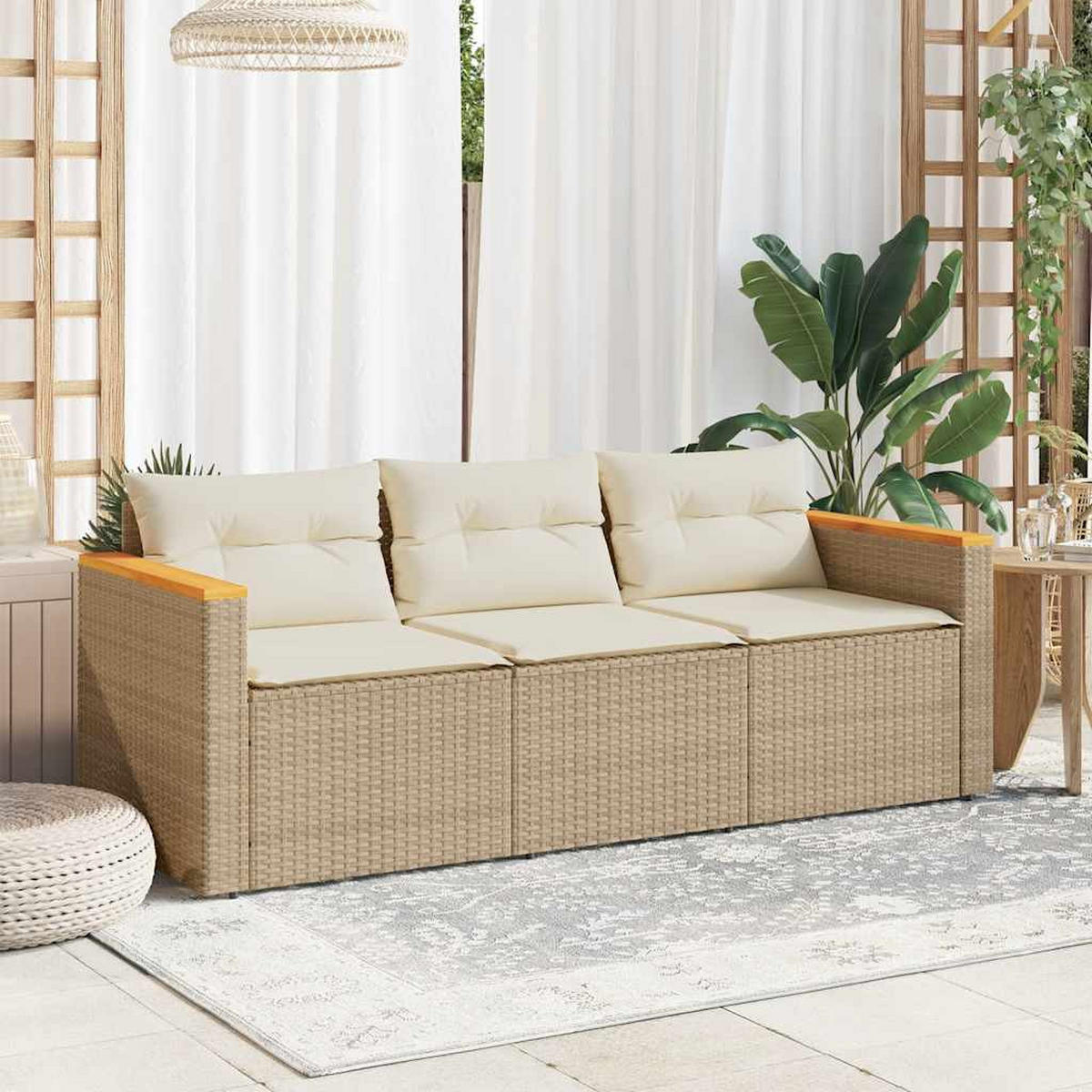 GARTENSOFA Mit Kissen 3-Sitzer Beige Poly Rattan - Beige, Kunststoff (177/66/65cm) - vidaXL