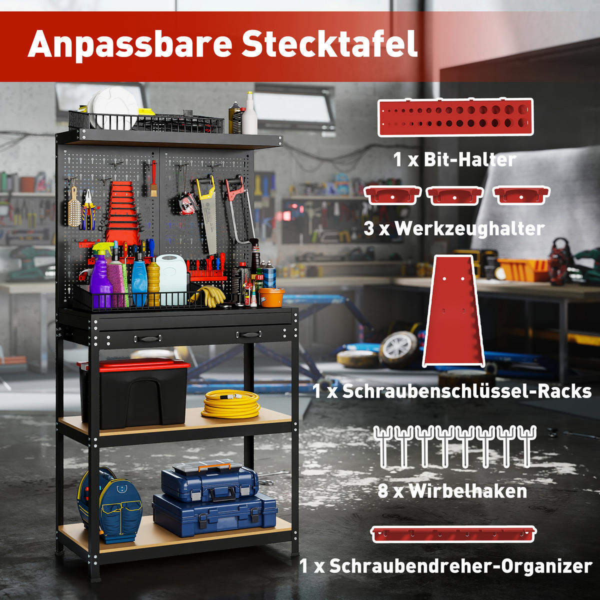 WERKBANK MDF Metall Schwarz - Schwarz, Metall (80/40.5/155cm) - HOMCOM