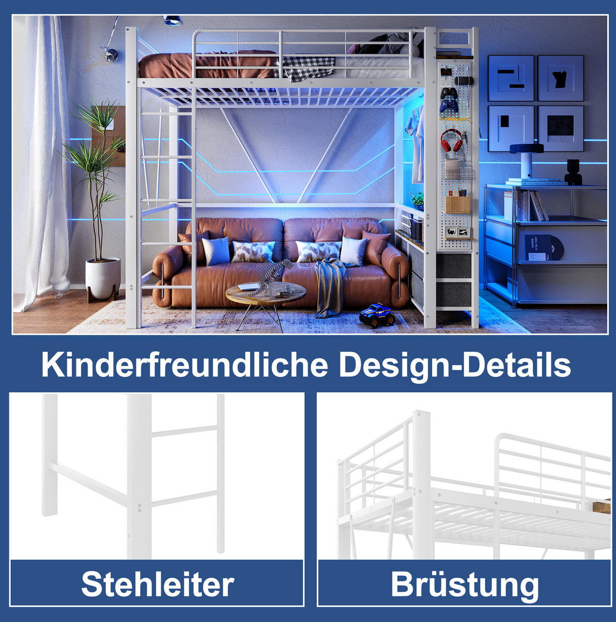 HOCHBETT aus Metall und MDF 90x200 cm Weiß mit Schubladen, LED-Leiste, USB- und Type-C-Anschluss - Weiß, Metall (90/200cm) - IVMEU