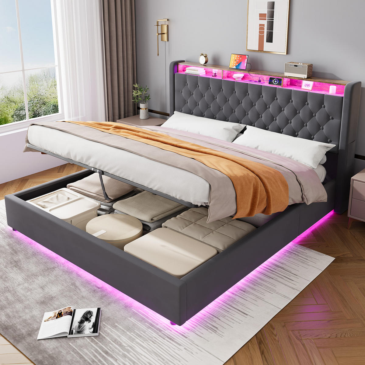POLSTERBETT 180/200 cm in Grau, mit Bettkasten, LED und USB, ohne Matratze - Grau, Holzwerkstoff/Textil (180/200cm) - WISHDOR