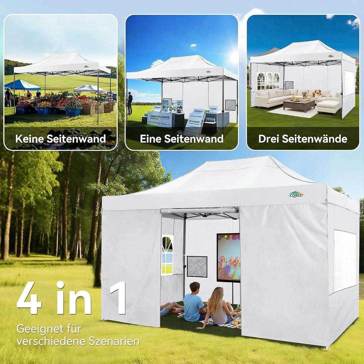 FALTPAVILLON 3x4.5m Wasserdicht UV Schutz 50+ mit 4 Seitenteilen Weiß - Weiß, Metall (305/323/457cm)