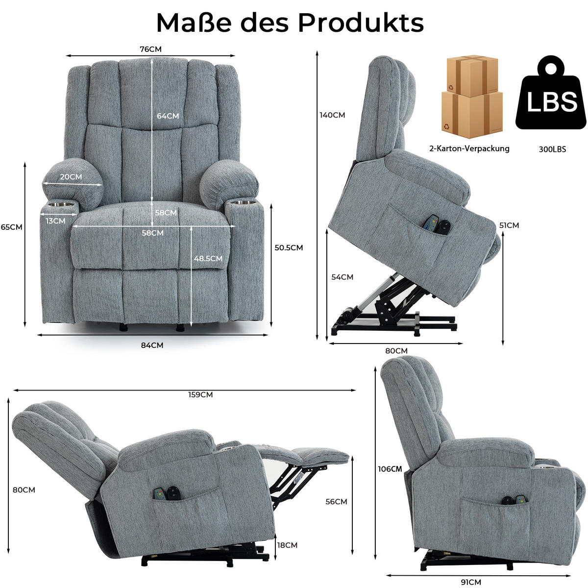 ELEKTRISCHER Relaxsessel Samt mit Aufstehhilfe, Massage, Wärme 91/84/106 cm Hellgrau - Hellgrau, Textil (84/106/91cm) - Redom