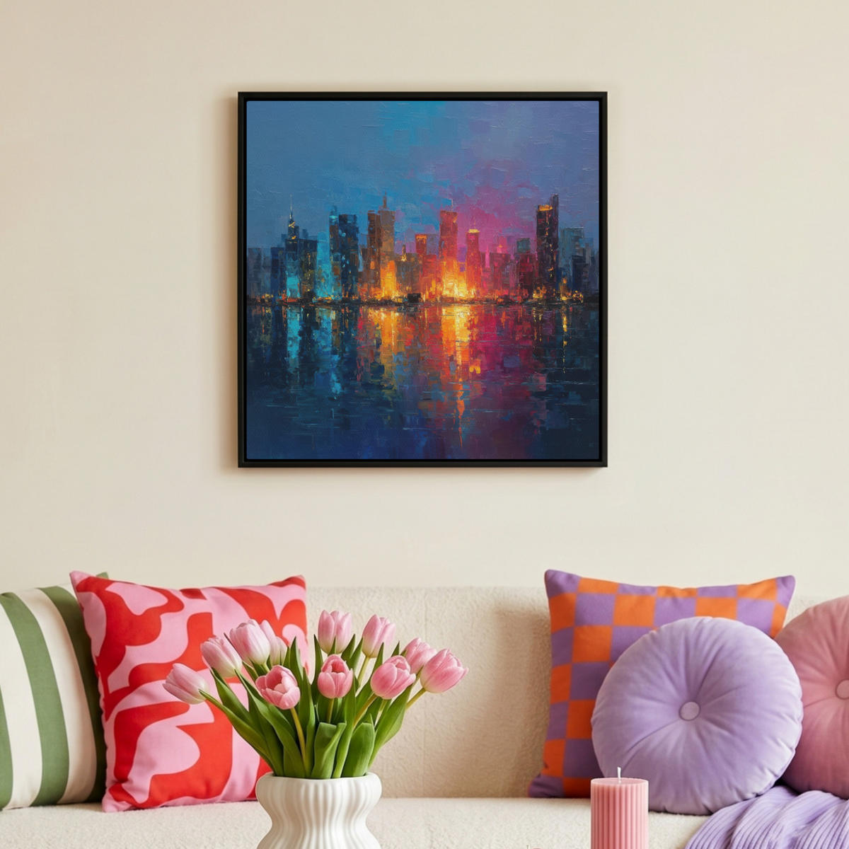 LEINWAND Bilder mit Rahmen - Skyline - Pinselstriche - Dunkelblau - Leuchtend - 50x50 - Blau, Textil (50/50cm) - MuchoWow