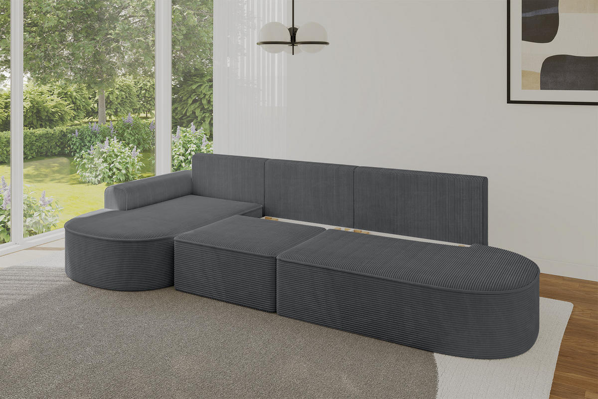 ECKSOFA mit Schlaffunktion Ottomane Links MARI L2-S 368X167X85 Dunkelgrau Cord - Graphitfarben/Schwarz, Holzwerkstoff/Kunststoff (368/167cm) - ALTDECOR
