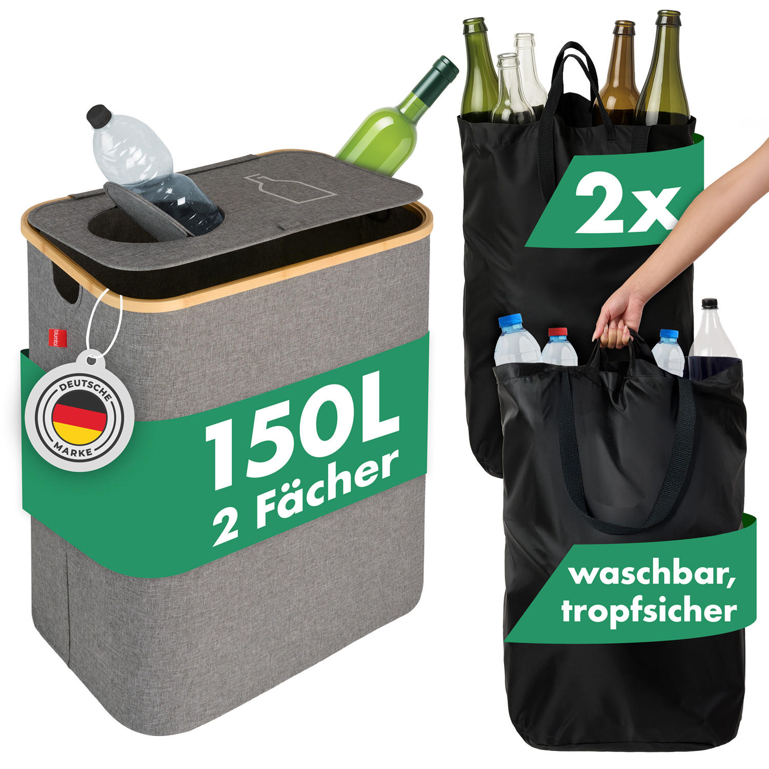 PFANDFLASCHEN-SAMMELBEHÄLTER 150L Grau (2 Fächer) - Grau, Kunststoff (37/4/57cm) - Blumtal