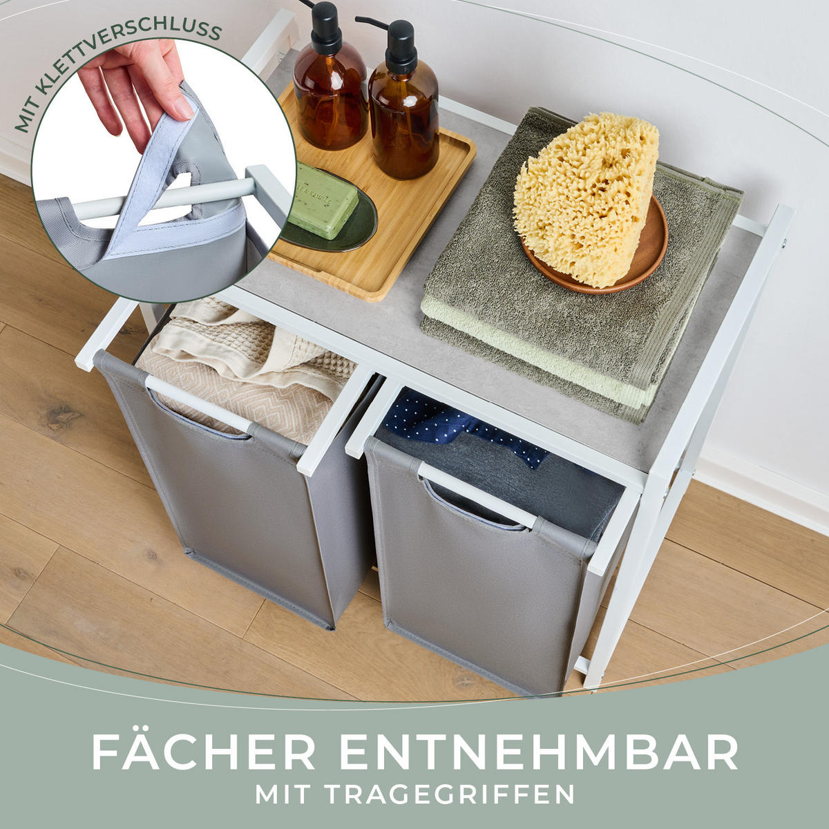 WÄSCHESAMMLER 2 Fächer Grau - Wäschekorb mit Ablage in Beton-Optik - Wäschesortierer 2 Fächer - Grau, Textil (64.5/73/36cm) - Blumtal
