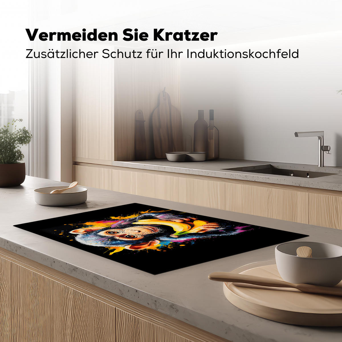 HERDABDECKPLATTE Affe - Graffiti - Farbenfroh - Bananen - Modern 80x52 cm - Gelb, Kunststoff (80/52/0.2cm) - MuchoWow