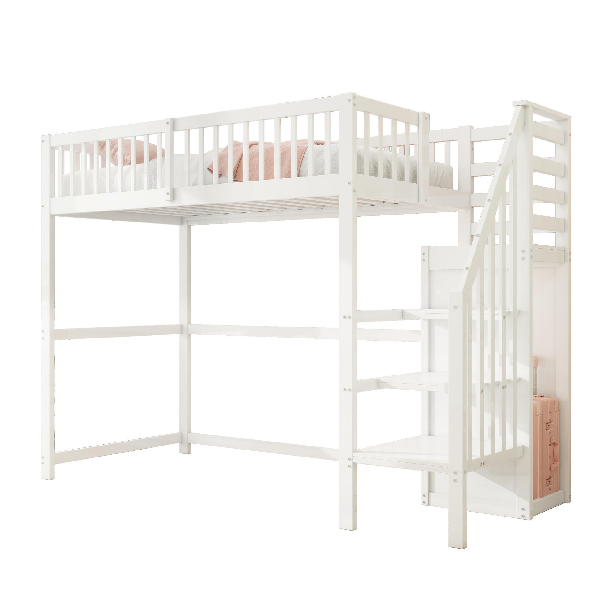 HOCHBETT aus Holz 90x200 cm in Weiß mit Treppe & Kleiderschrank - Weiß, Holz (90/200cm) - Modfu