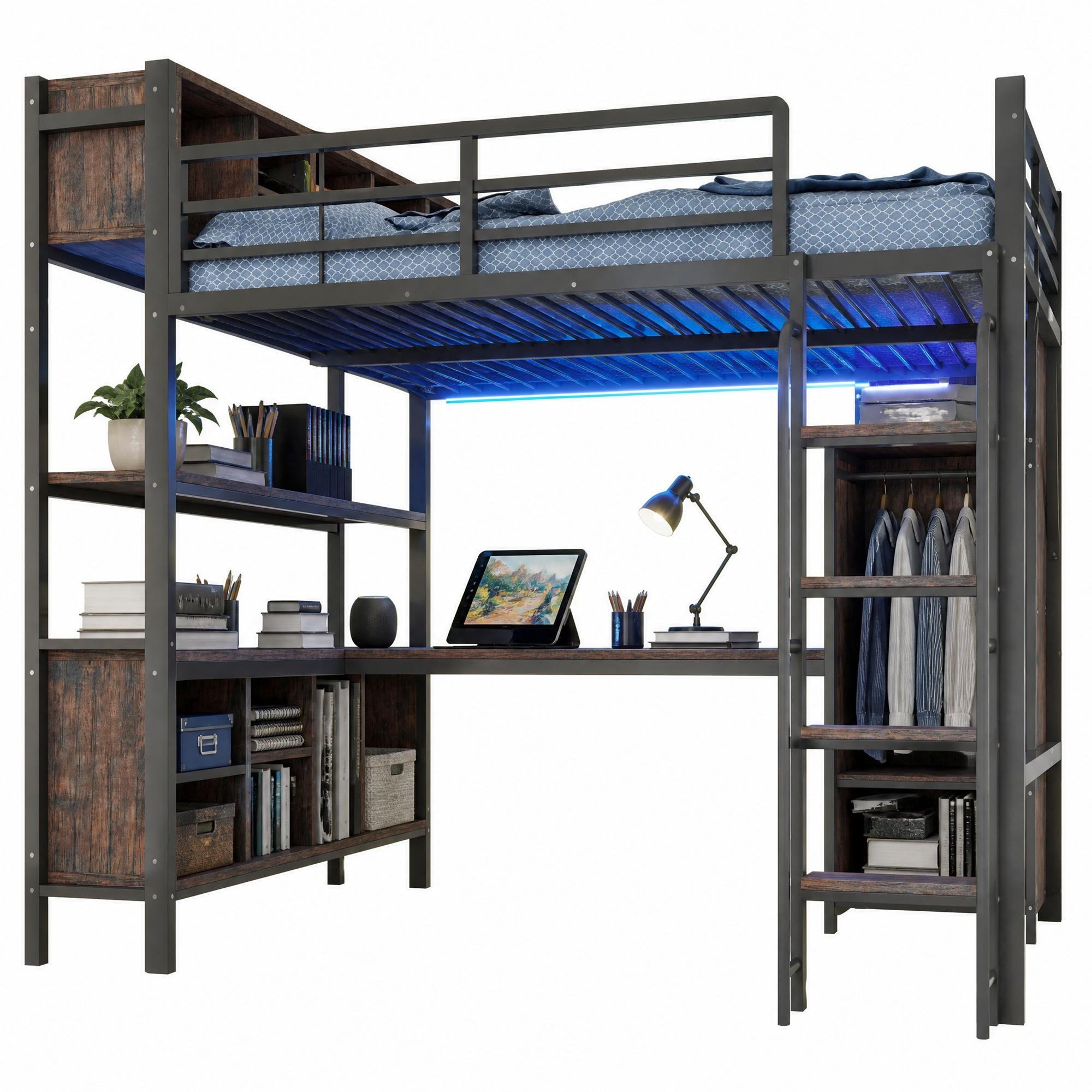HOCHBETT 140/200 cm in Schwarz mit Schreibtisch, Kleiderschrank, Ablagefächern, LED und Steckdosen - Schwarz, Holzwerkstoff/Metall (140/200cm) - CHICFURN