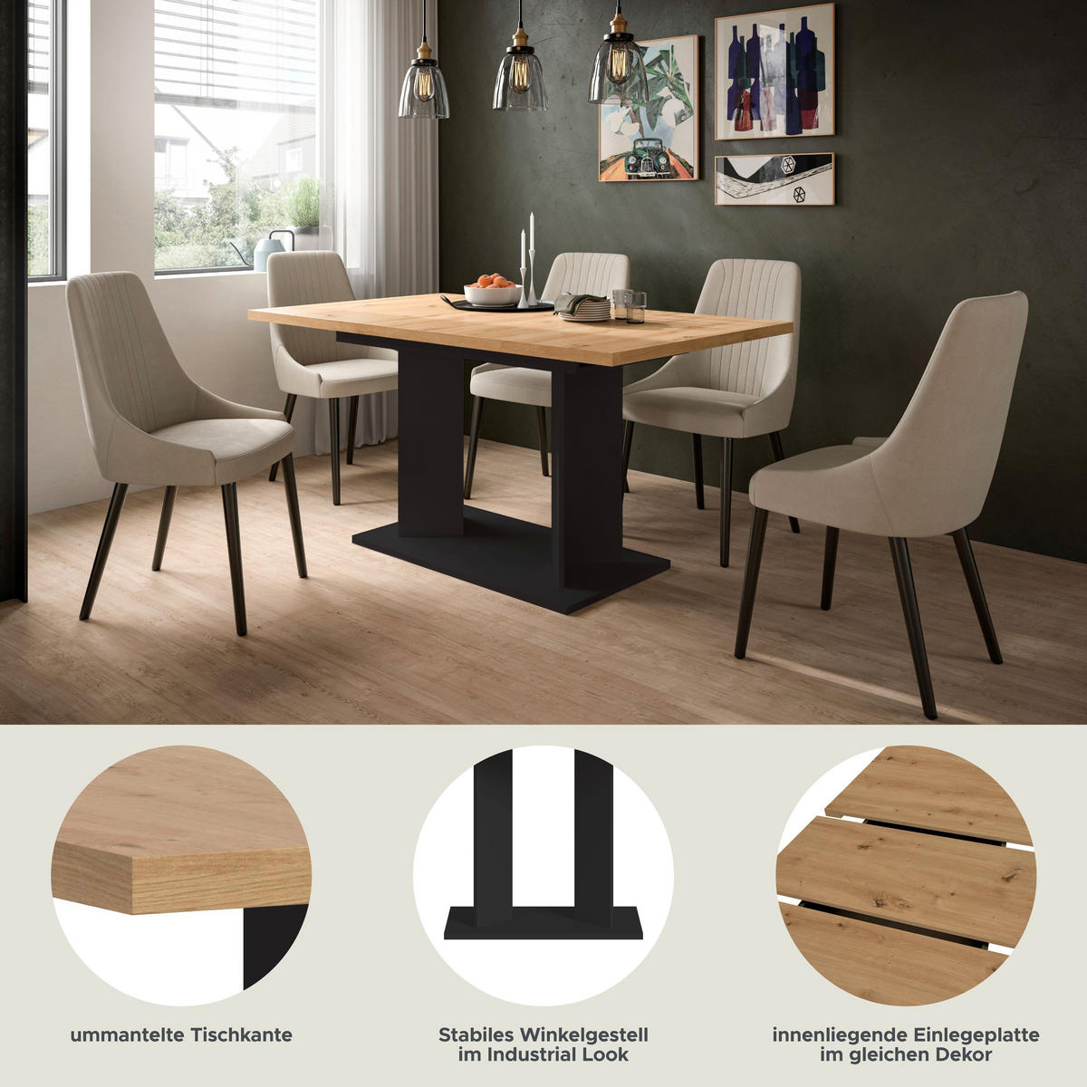 ESSTISCH GUSTAV (B/H/T: ca. 190/76/90 cm) in schwarz/Artisan Eiche Nachbildung - Schwarz, Holzwerkstoff (90/190/76cm)