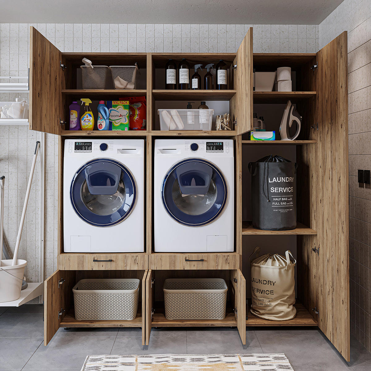 WASCHMASCHINENSCHRANK Serie 3 194cm Breit, 205cm Hoch - Eichefarben, Holzwerkstoff (194/205/67cm)