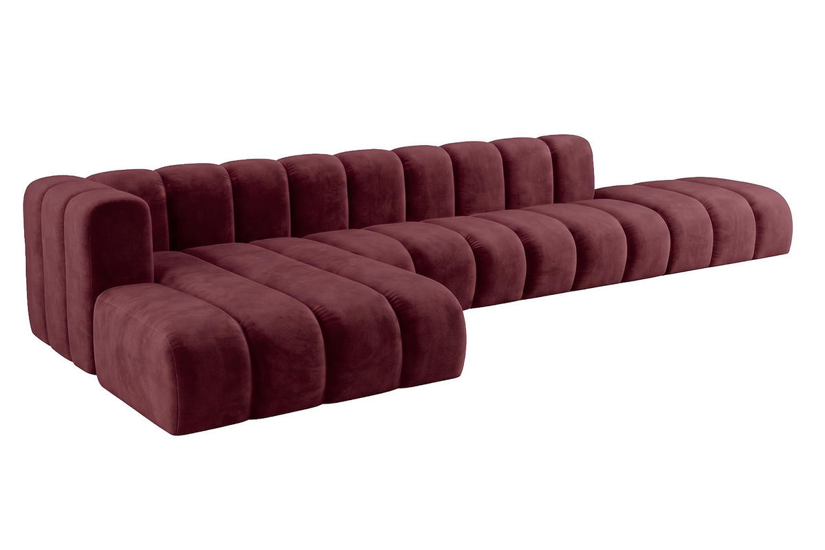 ECKSOFA Modulares In L-Form Mit Hocker, Velvet-Stoff Riviera, Rotwein, Links, GRAND - Dunkelrot, Holz (386/179cm) - Kaiser Möbel