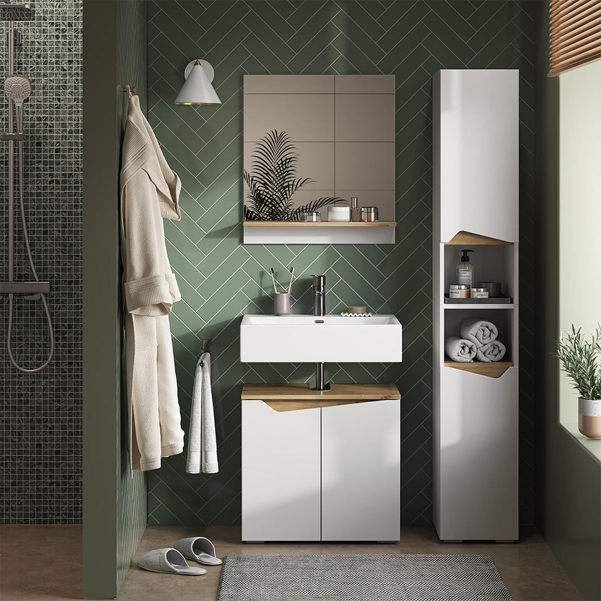 BADSCHRANK Marelle Weiß 30 x 180 cm mit Türen, und offenen Fächern - Weiß, Holzwerkstoff (30/180/35cm) - Vicco