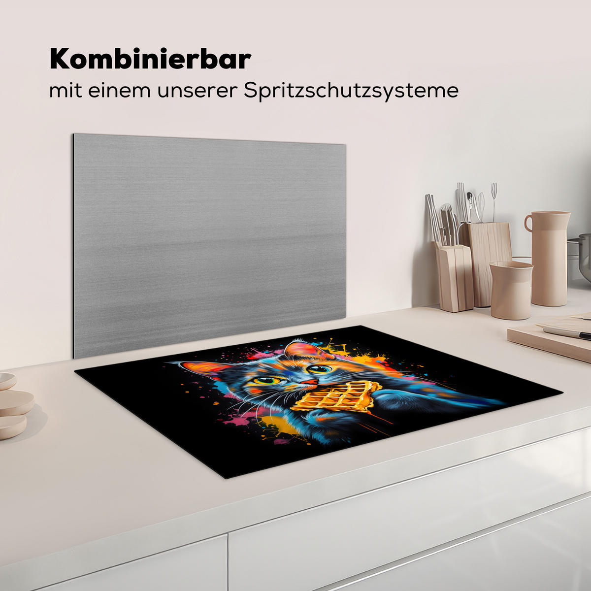 HERDABDECKPLATTE Katze - Graffiti - Bunt - Waffel - Essen Herdabdeckung Induktionsfeld 75x52 cm - Multicolor, Kunststoff (75/52/0.2cm) - MuchoWow