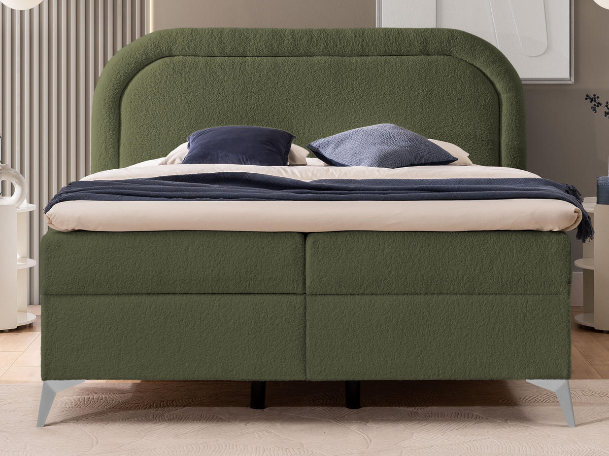 BOXBETT Sonna 180/200 cm Grün Bouclé-Stoff mit abgerundetem Kopfteil und mit silbernen Metallfüßen - Silberfarben/Grün, Holz/Textil (180/200cm) - S-Style Möbel