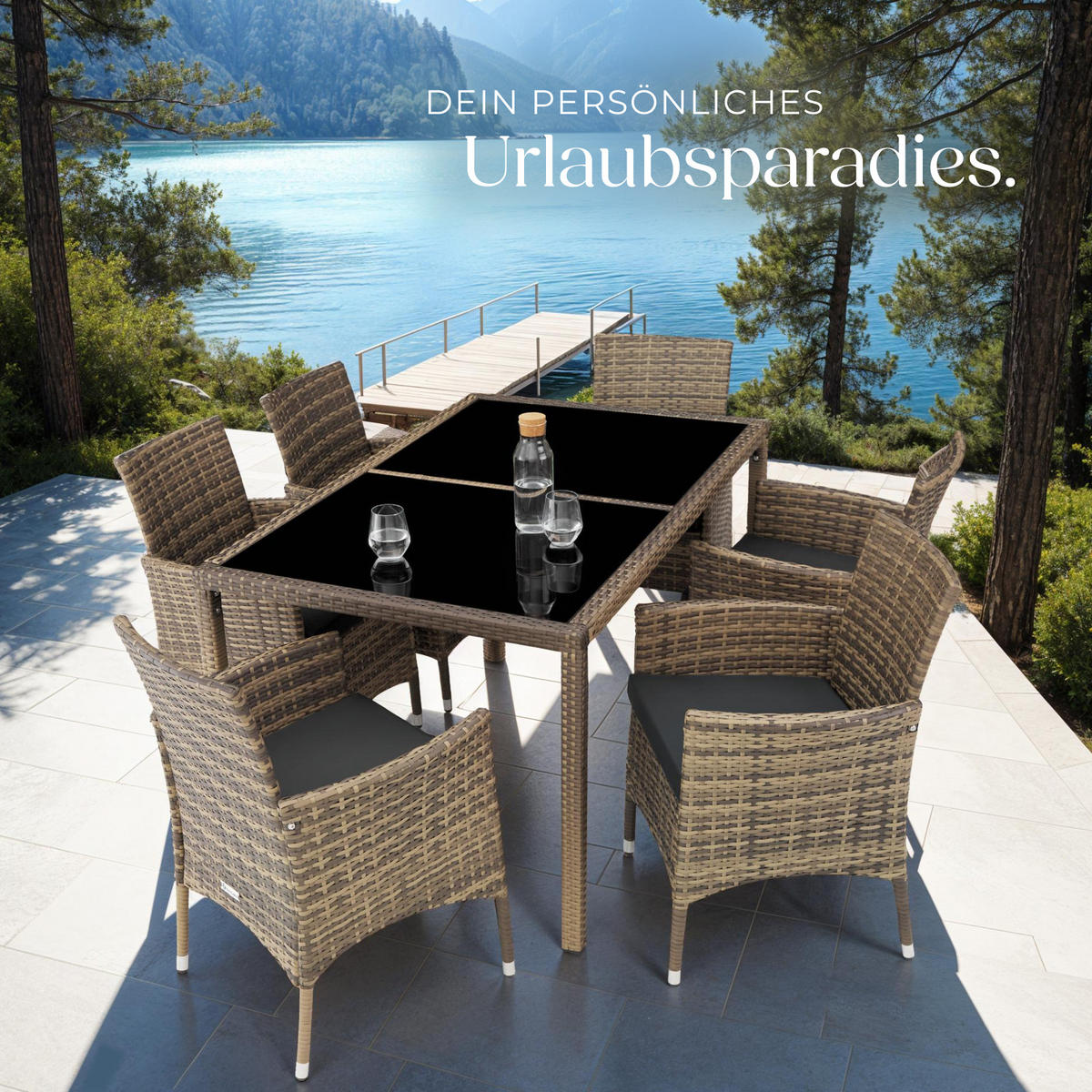 RATTAN SITZGRUPPE Porto,inklusive Schutzhülle,natur/dunkelgrau - Naturfarben, Kunststoff - tectake