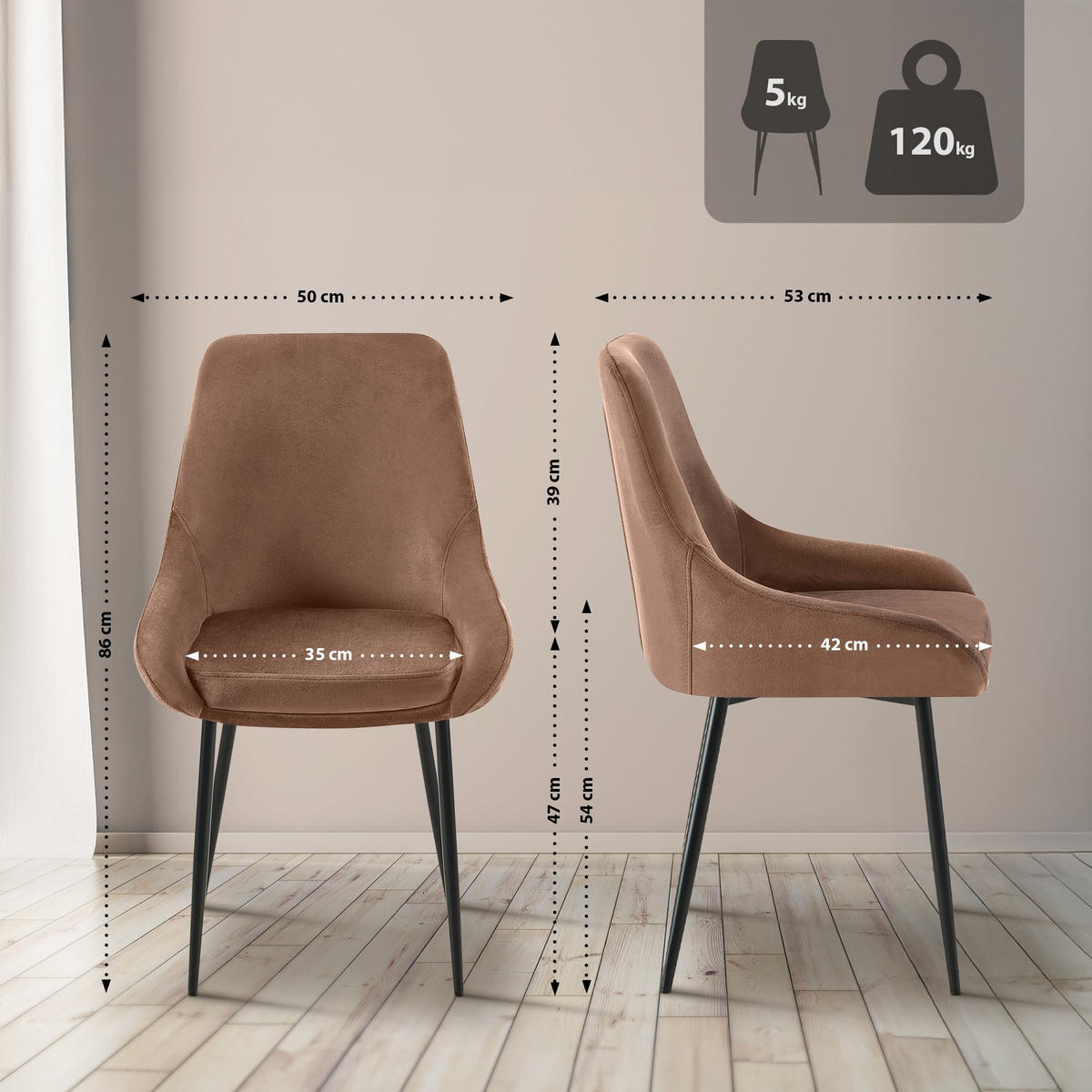 STUHL Samt Braun - Schwarz/Braun, Textil (50/86/53cm) - CLP