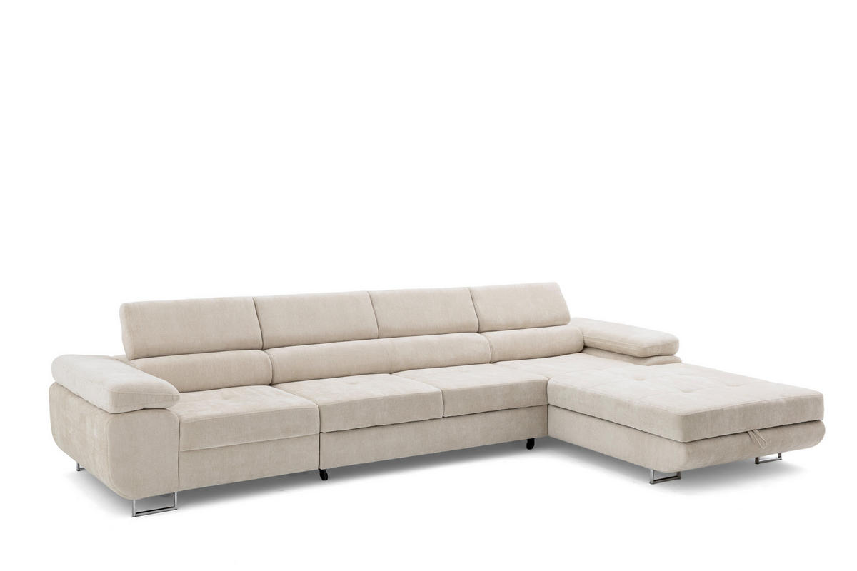 ECKSOFA ALONZO MAXI Rechts mit Schlaffunktion 125x195 Chenille Beige - Chromfarben/Beige, Holz/Textil (350/203cm) - Muffo