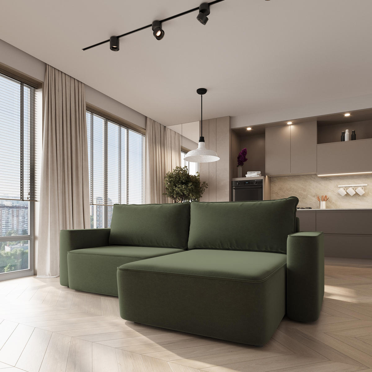 ECKSOFA BELISE CL Olivgrün Veloursstoff mit Schlaffunktion - Olivgrün, Holz/Textil (252/162cm) - MASSENO