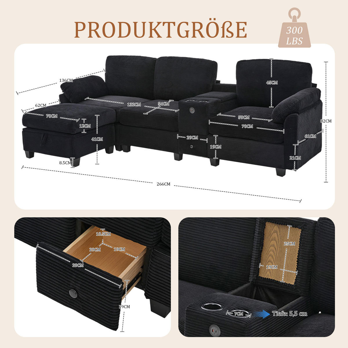 ECKSOFA L-Form mit verstellbarer Mittelkonsole und Stauraumhocker Cord schwarz 266/136/82 cm - Schwarz, Textil (266/136cm) - OKWISH