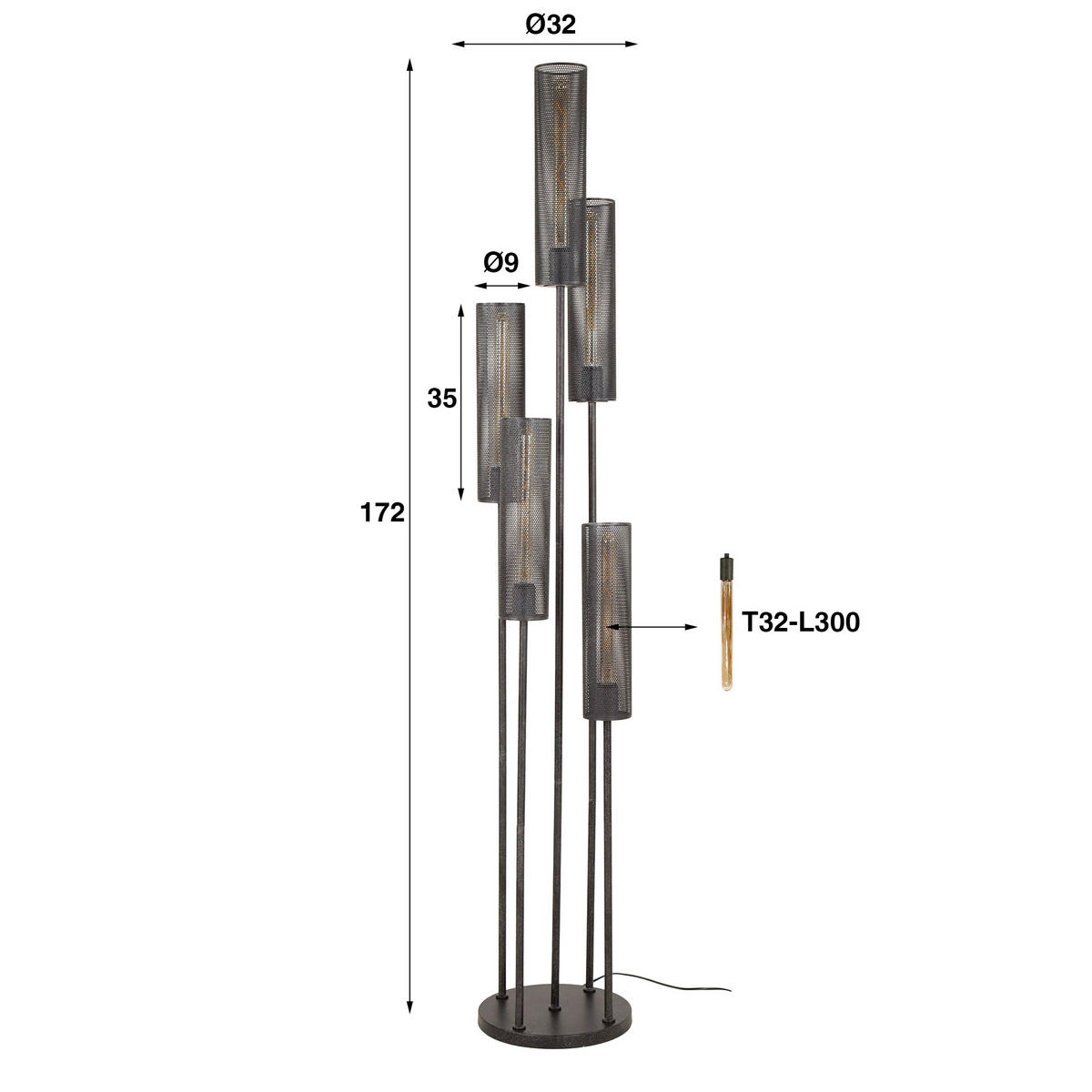 STEHLEUCHTE Tube Schwarz 32/32/ 172 cm - Schwarz, Metall (32/32/172cm) - Hoyz Collection
