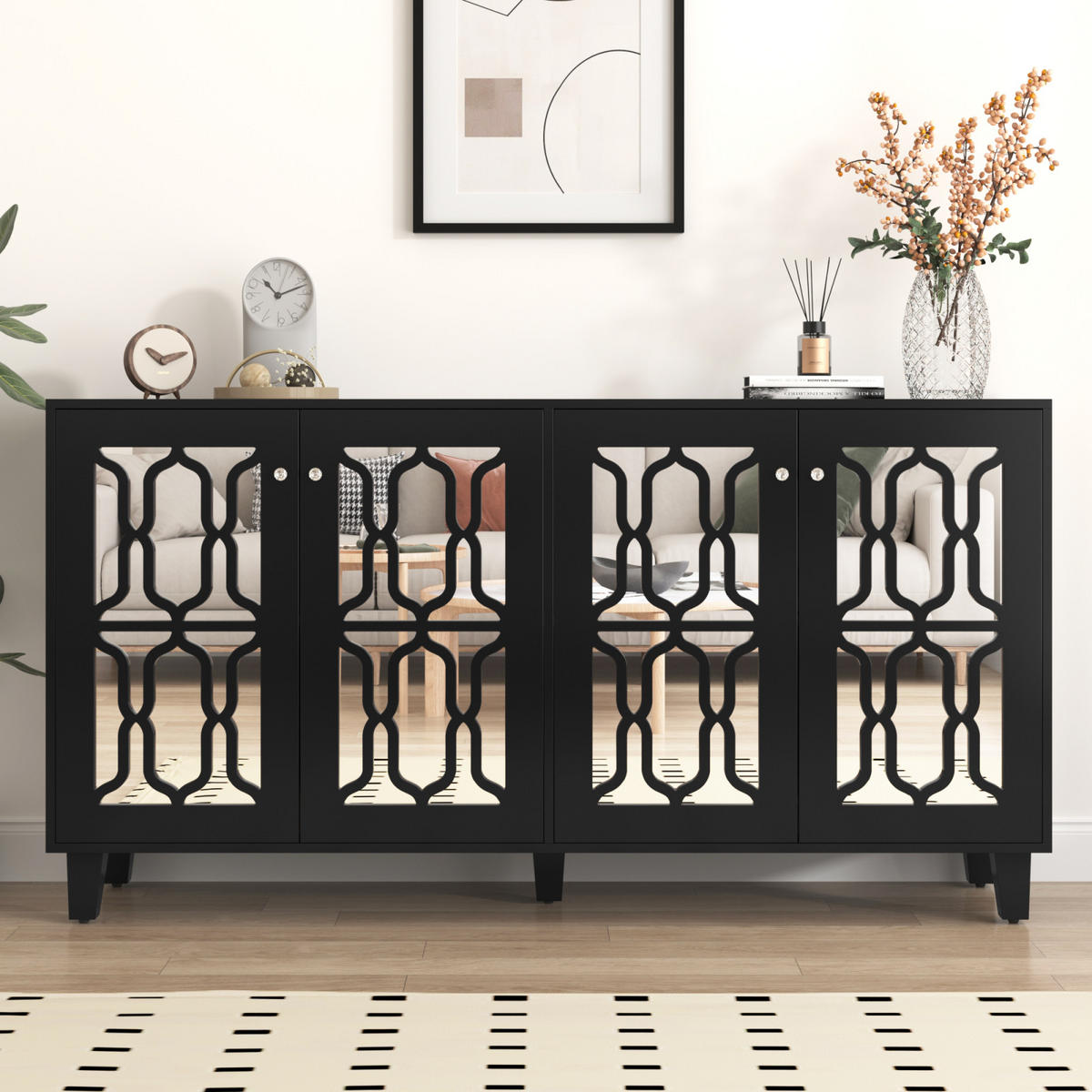 SIDEBOARD Schwarz, 4 Türen, Spiegeloptik, herausnehmbare Fächer - Schwarz, Holz (160/84/40cm)