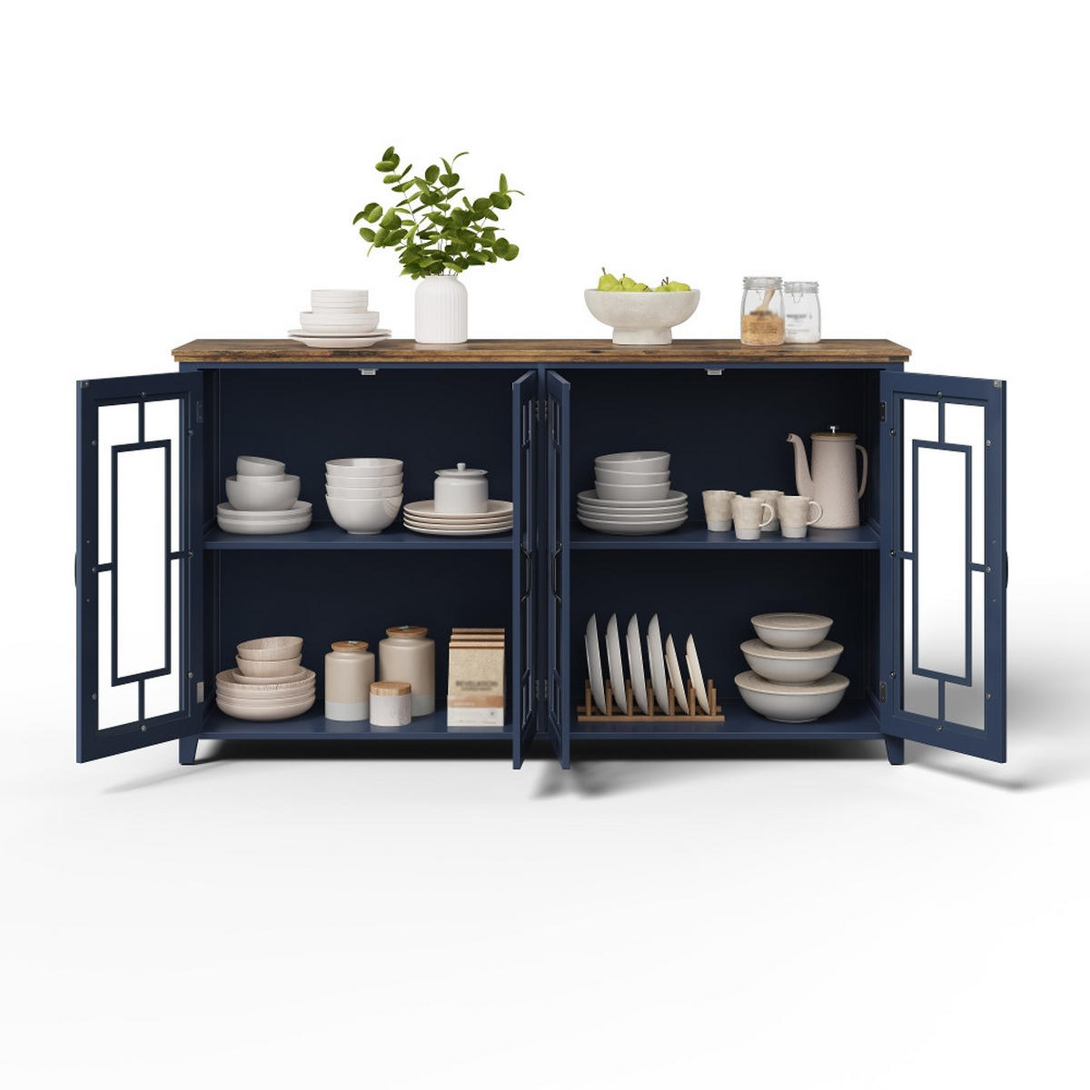 SIDEBOARD 160 CM Küchen-Sideboard GLASTÜREN Holzoptik Esszimmer Wohnzimmer 160/40/86 cm - Blau, Holzwerkstoff (40/86/160cm) - Rolipo