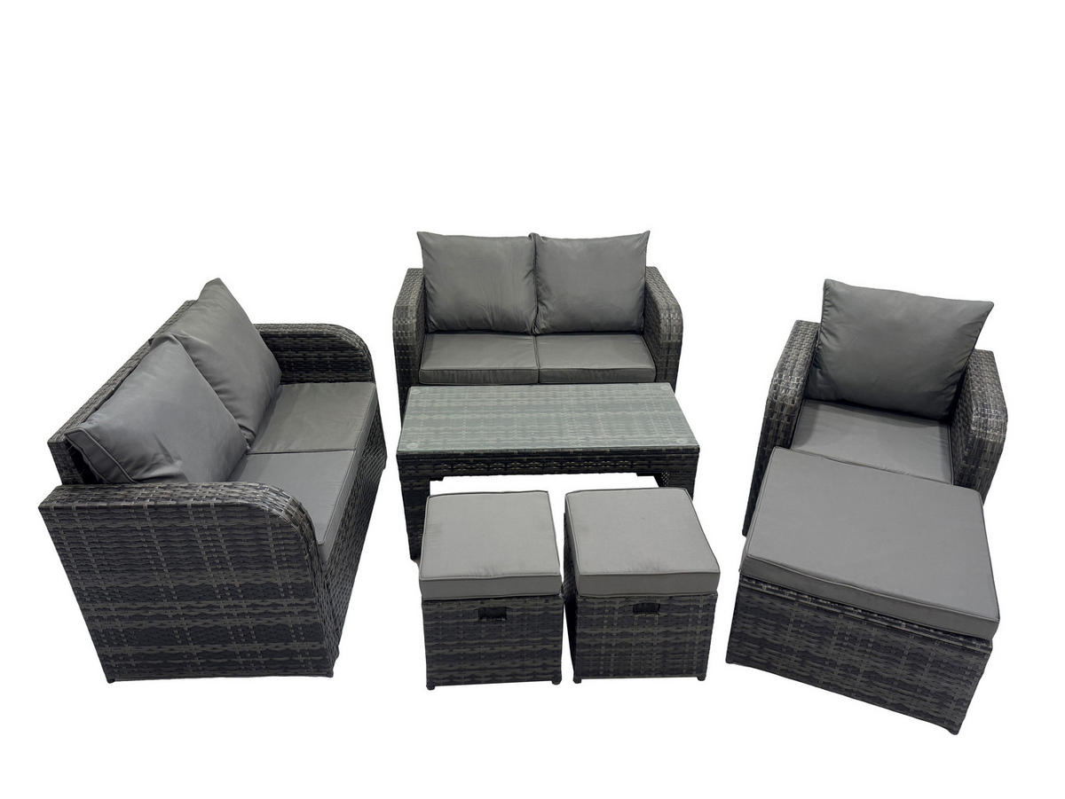 GARTENSOFA SET mit rechteckigem COUCHTISCH Polyrattan 8-Sitzer Dunkelgrau - Dunkelgrau/Grau, Glas/Kunststoff - Fimous
