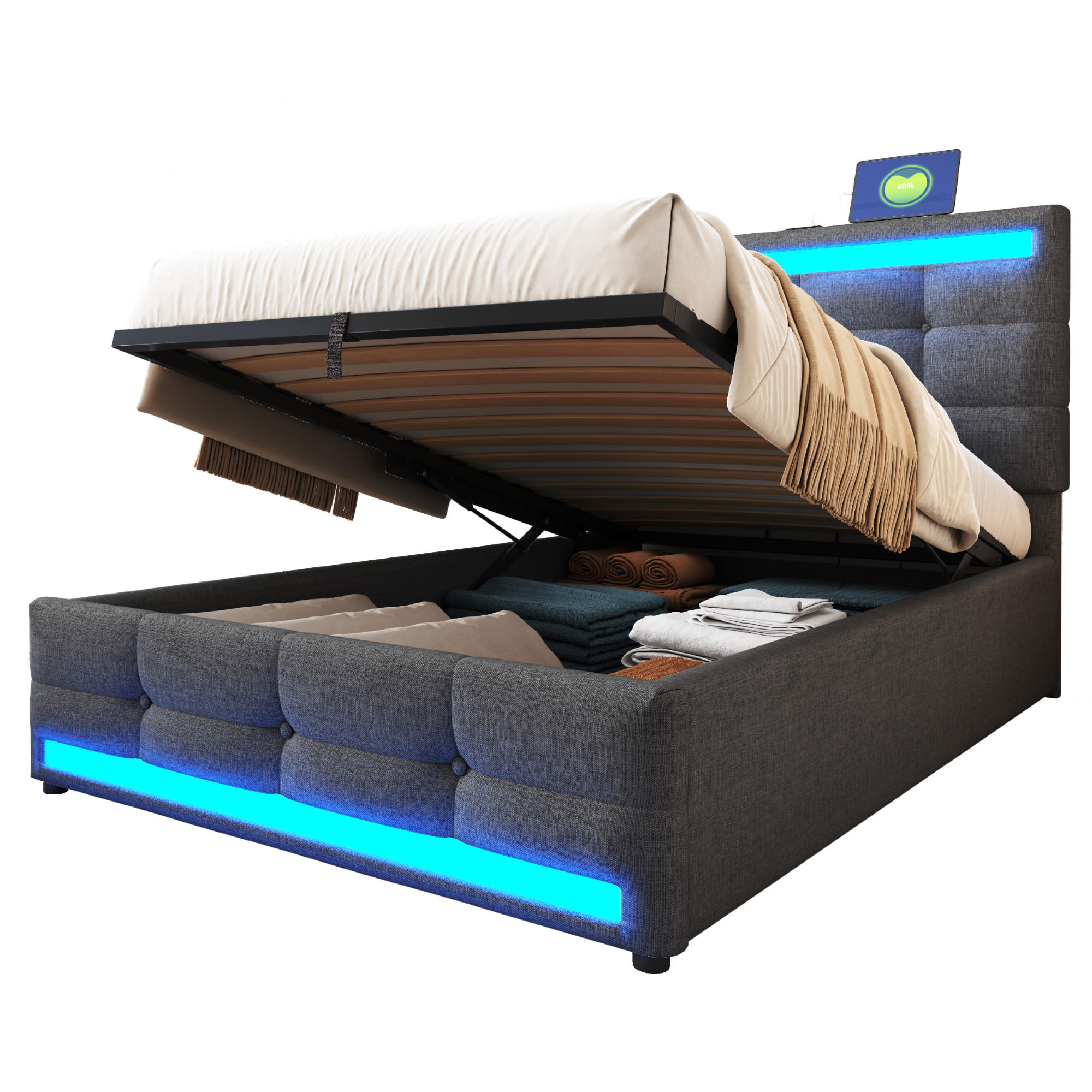 POLSTERBETT 90x200 cm mit LED, 4 Schubladen, Lattenrost, Grau - Grau, Holz (90/200cm)