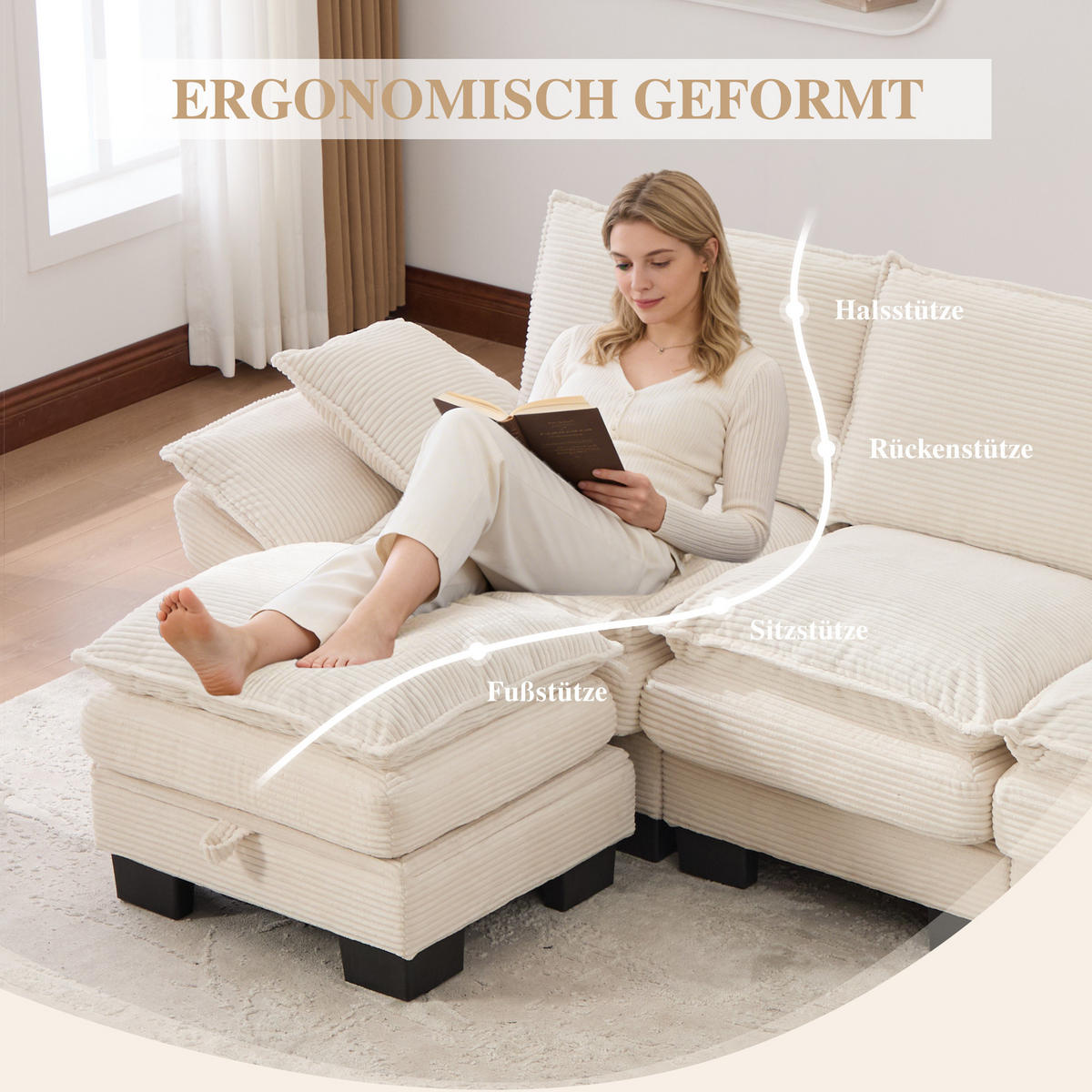 3-SITZER SOFA Cord Beige mit Hocker, USB-C und Seitentaschen - Beige, Holzwerkstoff/Kunststoff (260/132cm) - WISHDOR