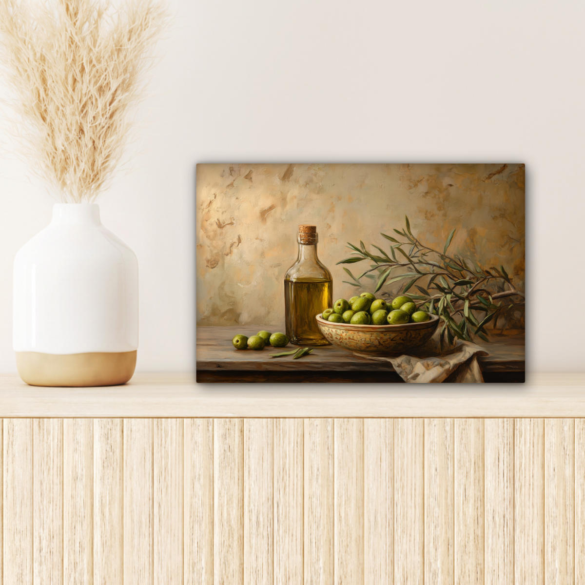 LEINWANDBILD Oliven - Stilleben - Vintage Deko Schlafzimmer 30x20 cm - Olivgrün, Textil (30/20cm) - MuchoWow