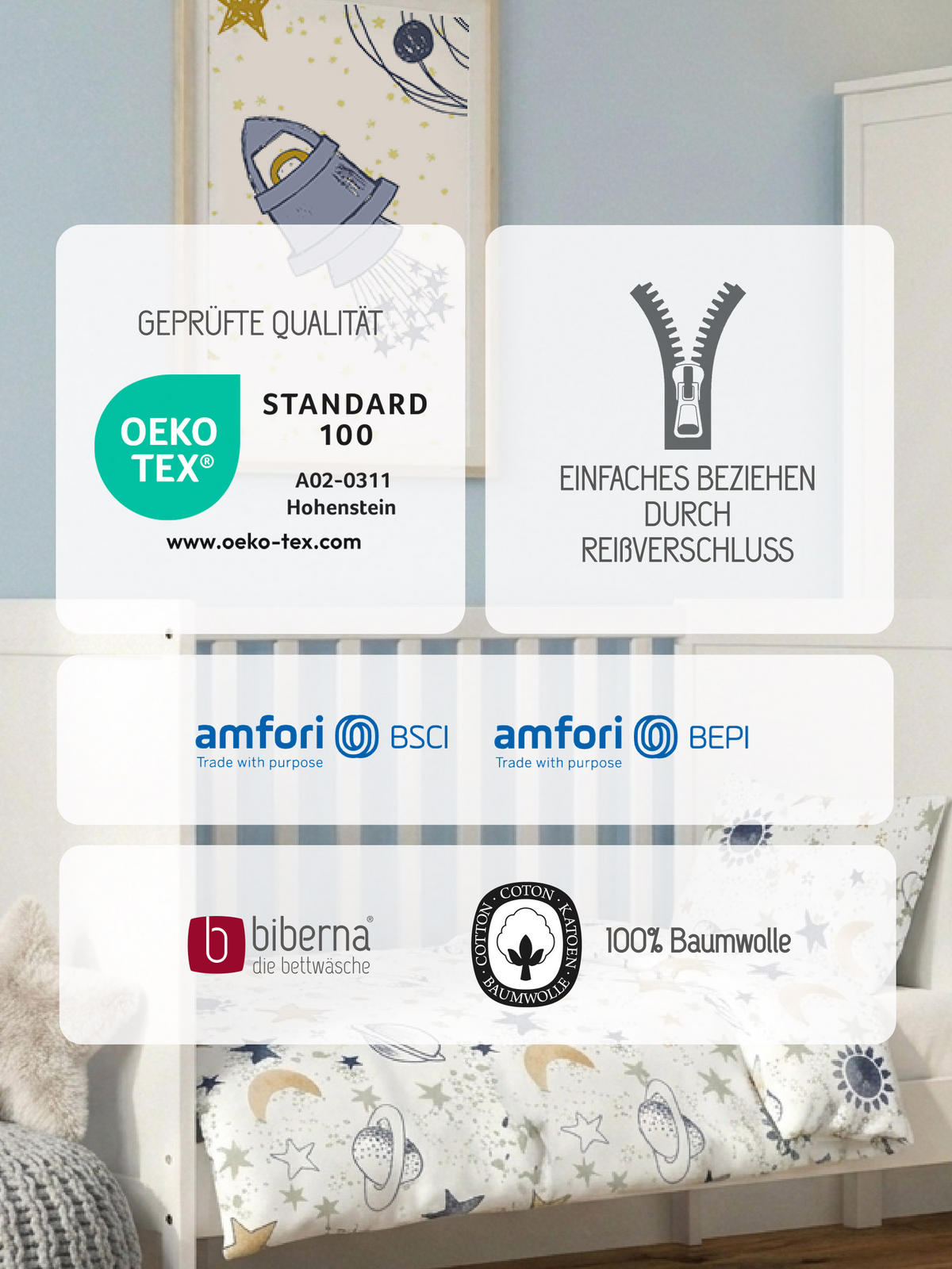 BETTWÄSCHE-GARNITUR Premium Biber Universum weiss, 100x135 cm + 40x60 cm - Weiß, Textil (100/135cm) - biberna