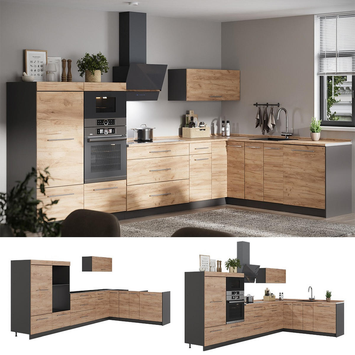 KUHINJA U OBLIKU SLOVA L Fame-Line, Hrast zlatnog tona/Antracit, 347 x 207 cm, RP Mramor - hrast medunac/antracit, drvni materijal (347/153.6/60cm) - Vicco