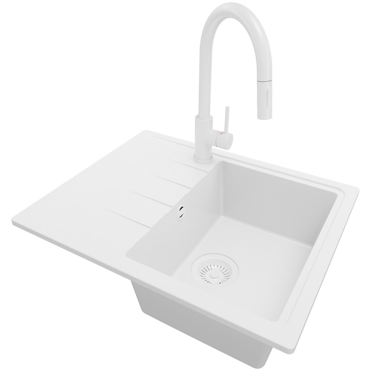 GRANITSPÜLE Mailand, 2-er set Alles Weiß 62/50 cm 1 Becken + Küchenarmatur 40/20 cm + Ablauf-Set ab 40er Unterschrank - Weiß, Kunststoff (62/19/50cm) - Primagran