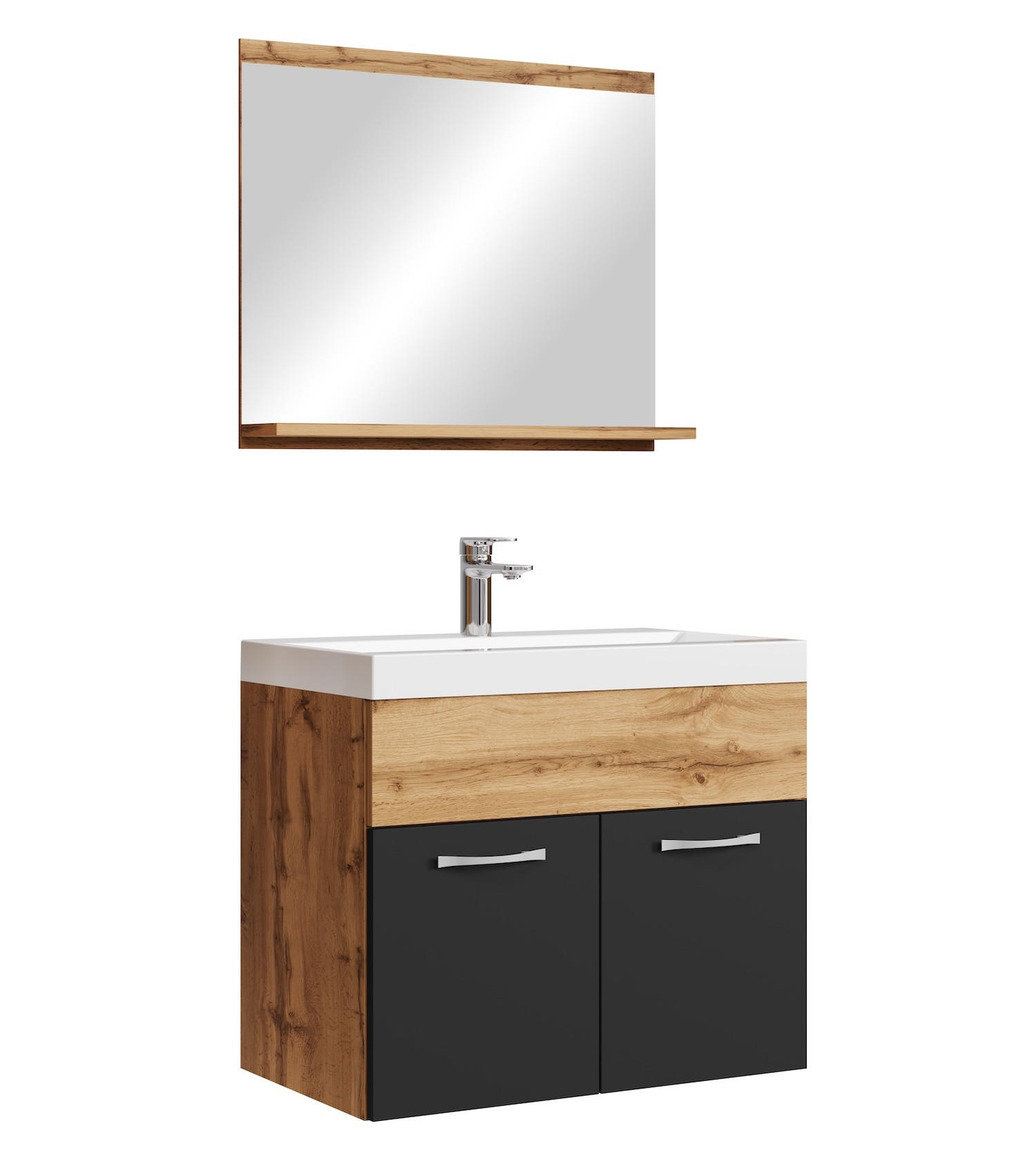 BADMÖBEL-SET Montreal 3 Teile Eiche - Schwarze Waschbecken - 60 x 35 x 51 cm - Eichefarben/Schwarz, Holz (60/51/35cm) - Badplaats